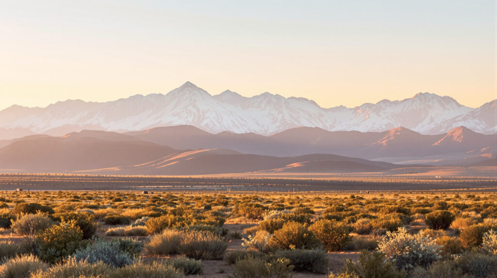 open view of New Mexico landscape, featuring the Sandia Mountains